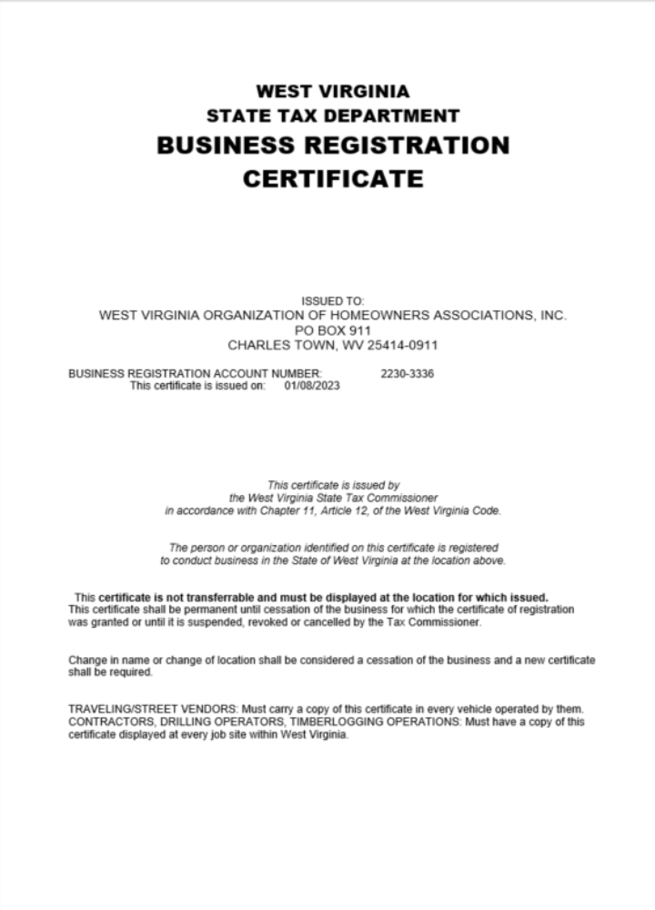 USA West Virginia certificate of company registration Word and PDF template